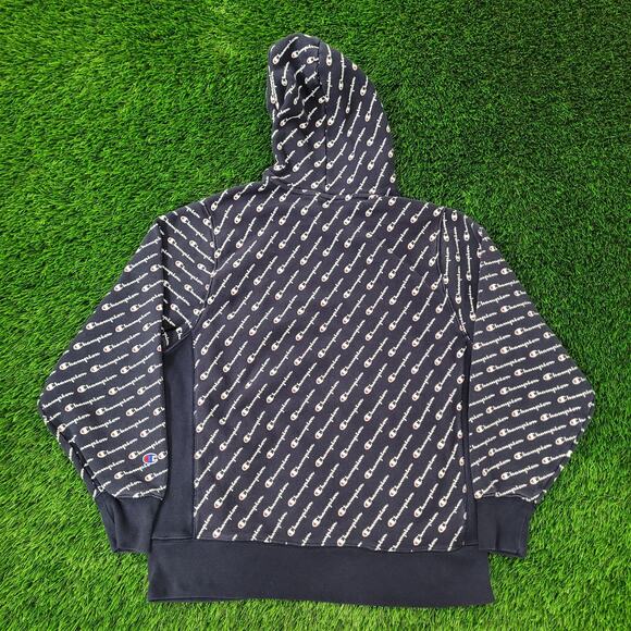 Champion Hoodie Large 22x26 Blue Spellout Script AOP - Picture 2 of 13